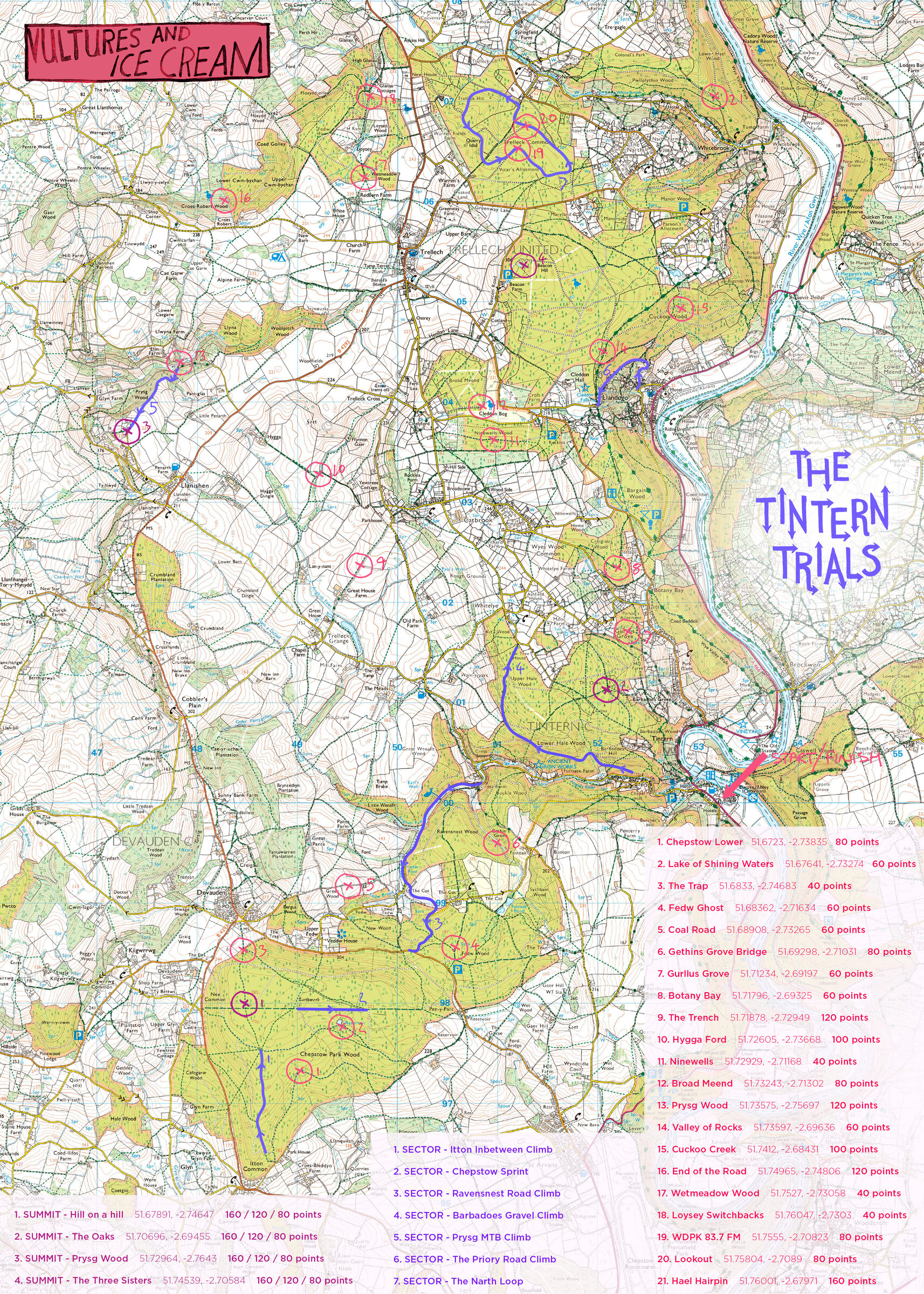The Tintern Trials route map showing all POIs, summits, and sectors